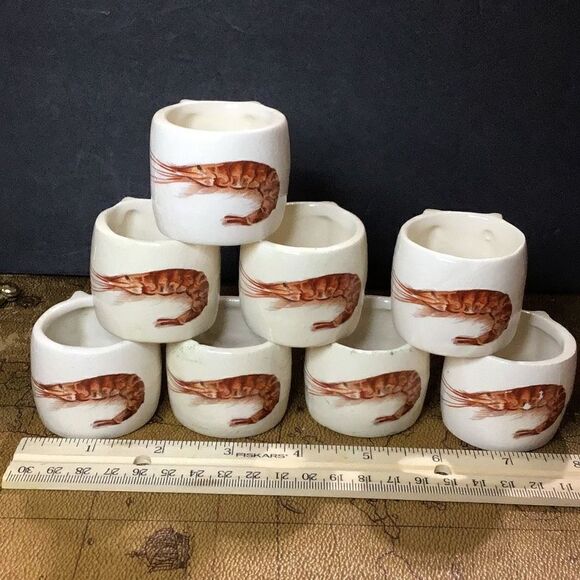 Napkin rings, vintage, ceramic shrimp embossed What moon look like chips are not - Picture 1 of 8